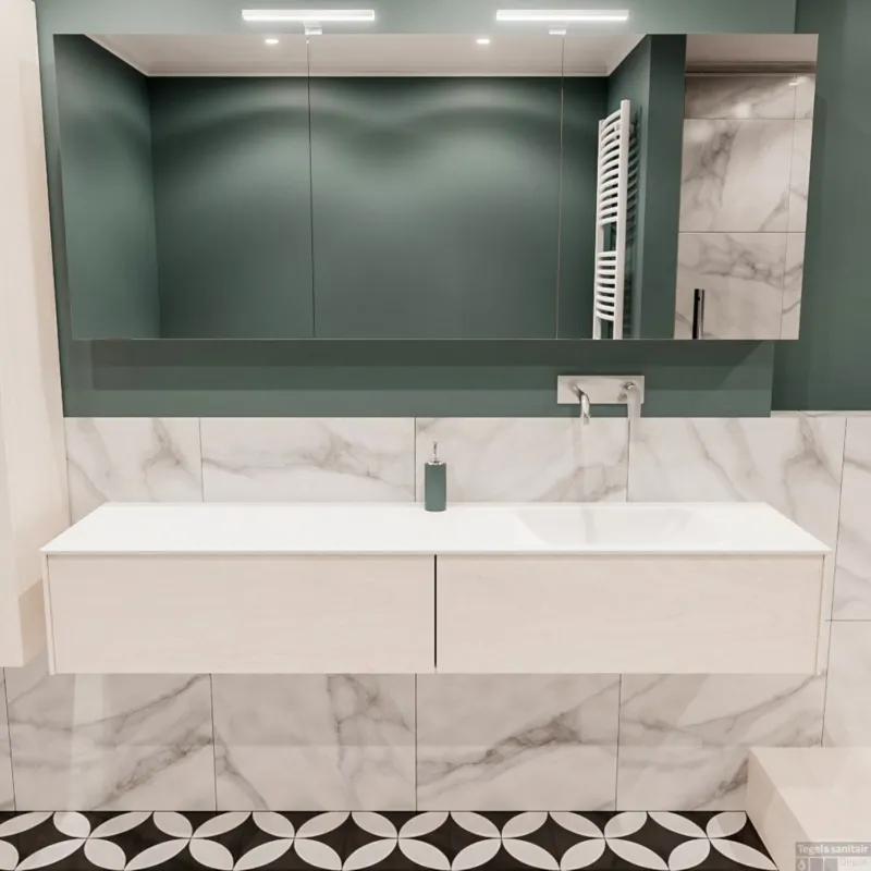 Lage Kosten Badkamermeubel BWS Madrid Wit 180x45x30 cm Mat Witte Solid Surface Wastafel Rechts (2 lades, 0 kraangaten)