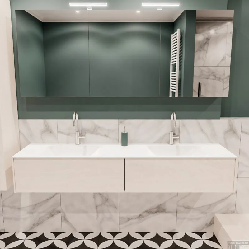 Badkamermeubel BWS Madrid Wit 180x45x30 cm Mat Witte Solid Surface Wastafel Dubbel (2 lades, 2 kraangaten) Populair