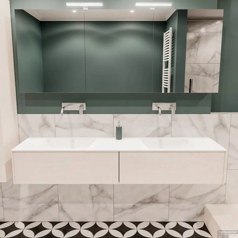 Badkamermeubel BWS Madrid Wit 180x45x30 cm Mat Witte Solid Surface Wastafel Dubbel (2 lades, 0 kraangaten) Finale Uitverkoop