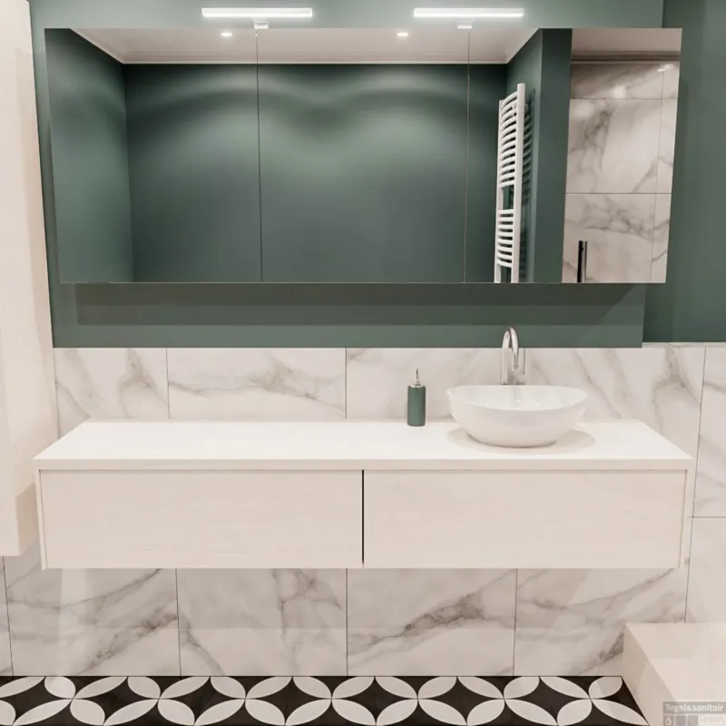 Lage Kosten Badkamermeubel BWS Madrid Wit 180 cm met Topblad en Keramische Waskom Rechts (2 lades, 1 kraangat)