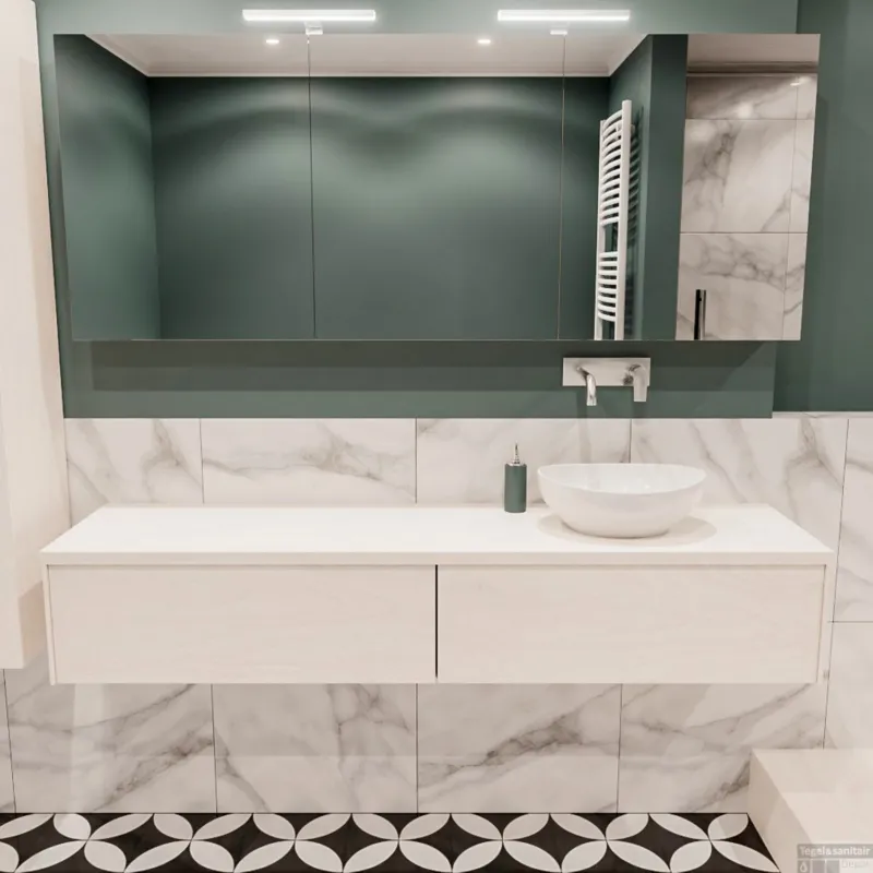 Direct Beschikbaar Badkamermeubel BWS Madrid Wit 180 cm met Topblad en Keramische Waskom Rechts (2 lades, 0 kraangaten)