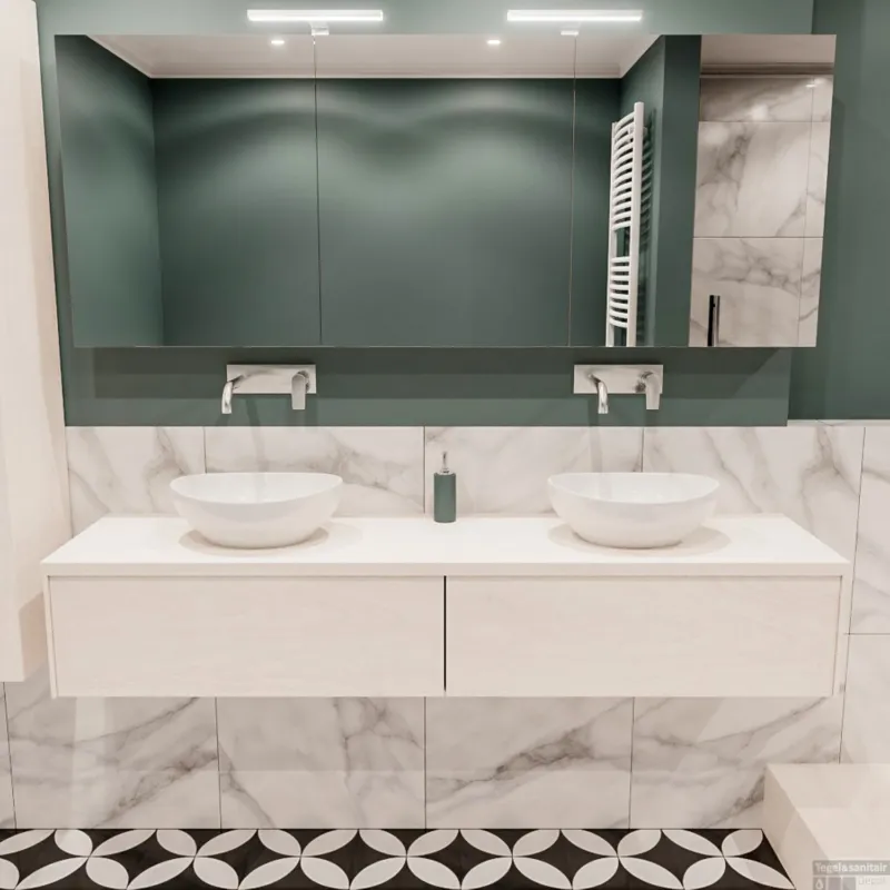 Badkamermeubel BWS Madrid Wit 180 cm met Topblad en Keramische Waskom Dubbel (2 lades, 0 kraangaten) Op = Op