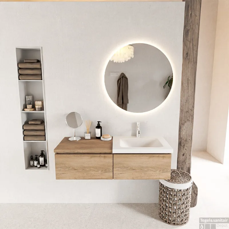 Weekendaanbieding MONDIAZ BUKLA 120cm badmeubel met module 60 kleur Washed Oak met 2 lades. Wastafel CLOUD rechts 1 kraangat kleur Talc.