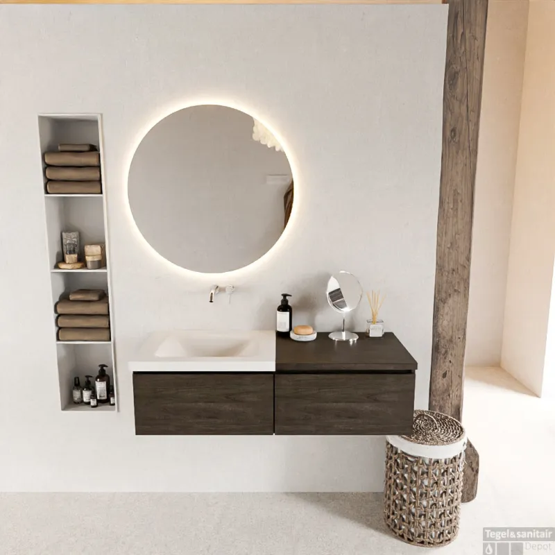Populair MONDIAZ BUKLA 120cm badmeubel met module 60 kleur Dark Brown met 2 lades. Wastafel CLOUD links 0 kraangaten kleur Talc.