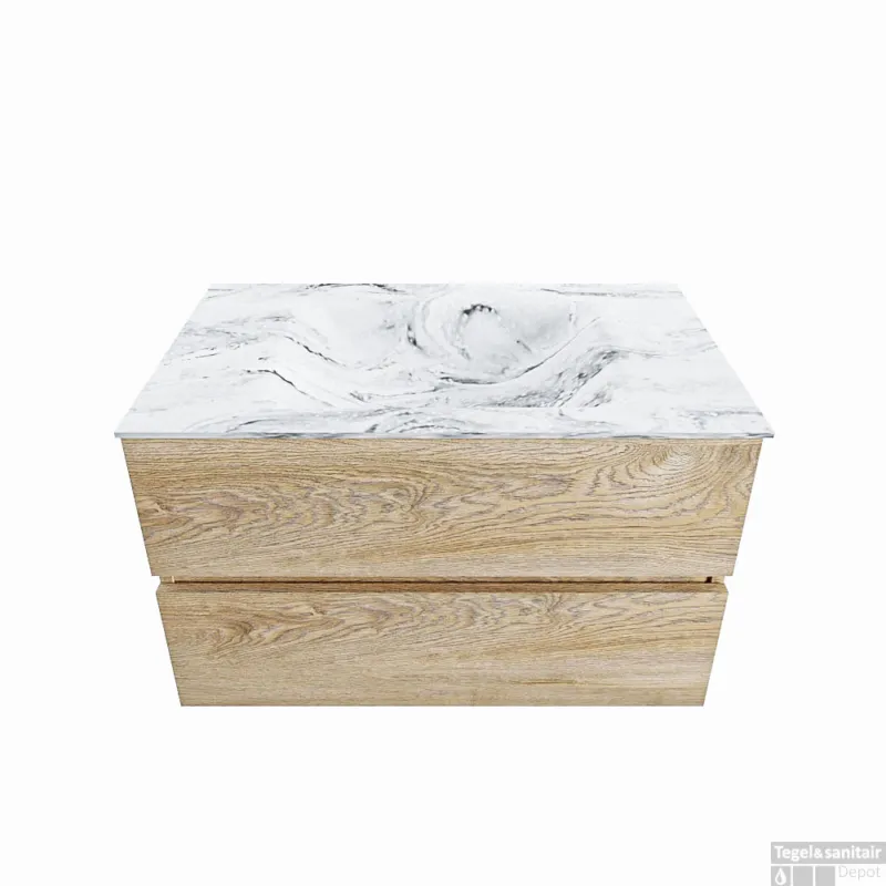 MONDIAZ VICA-DLUX 80cm badmeubel onderkast Washed Oak 2 lades. Inbouw wastafel CLOUD midden 1 kraangat, kleur Glace. Fabrieksprijs