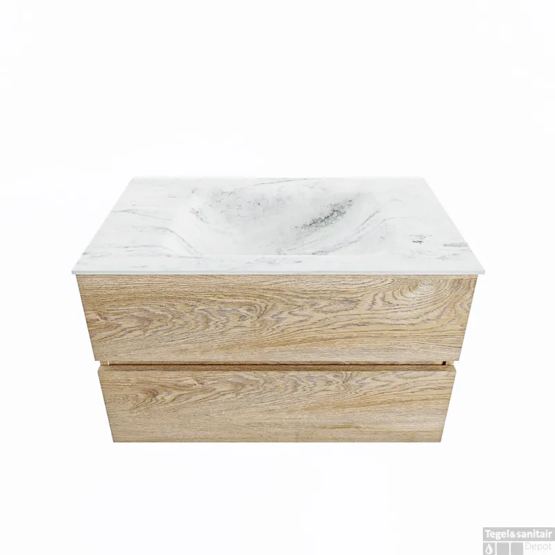 Voordeelprijs MONDIAZ VICA-DLUX 80cm badmeubel onderkast Washed Oak 2 lades. Inbouw wastafel CLOUD midden 1 kraangat, kleur Opalo.