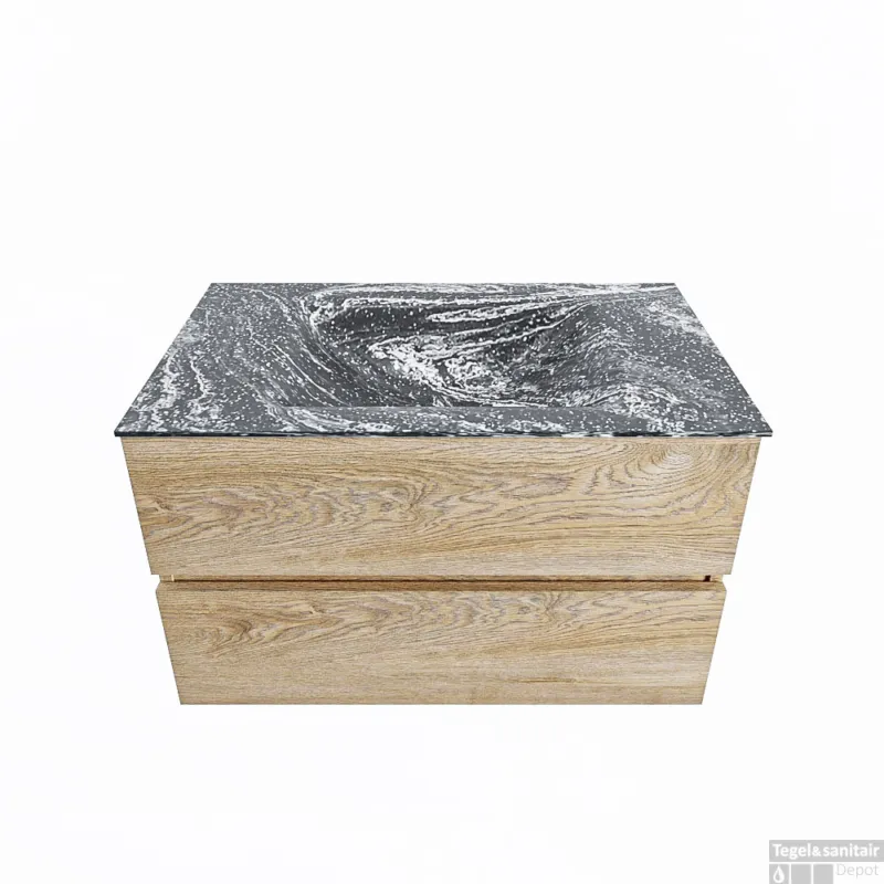 MONDIAZ VICA-DLUX 80cm badmeubel onderkast Washed Oak 2 lades. Inbouw wastafel CLOUD midden 1 kraangat, kleur Lava. Weekendaanbieding