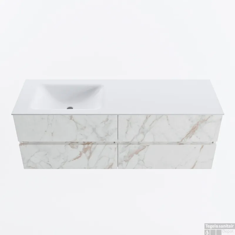 MONDIAZ VICA 140cm badmeubel onderkast Carrara 4 lades. Wastafel CLOUD links zonder kraangat, kleur Talc. Beste Prijs