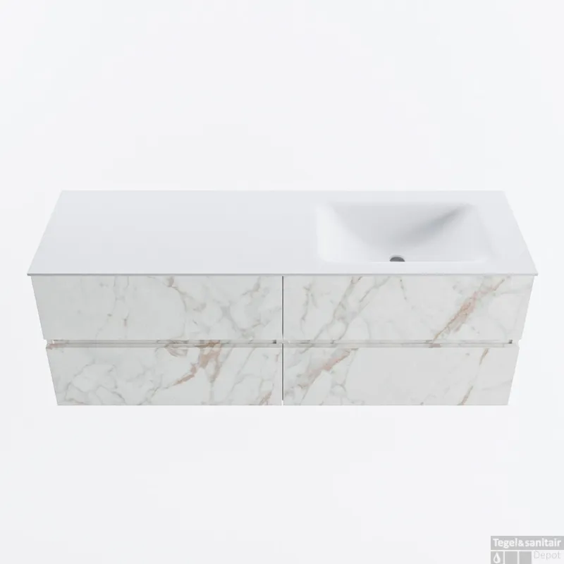 MONDIAZ VICA 140cm badmeubel onderkast Carrara 4 lades. Wastafel CLOUD rechts zonder kraangat, kleur Talc. Must-Have