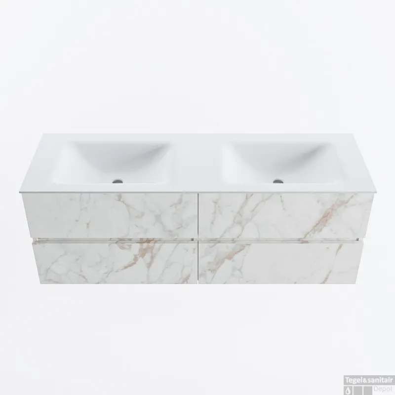 MONDIAZ VICA 140cm badmeubel onderkast Carrara 4 lades. Wastafel CLOUD dubbel zonder kraangat, kleur Talc. Alleen Vandaag