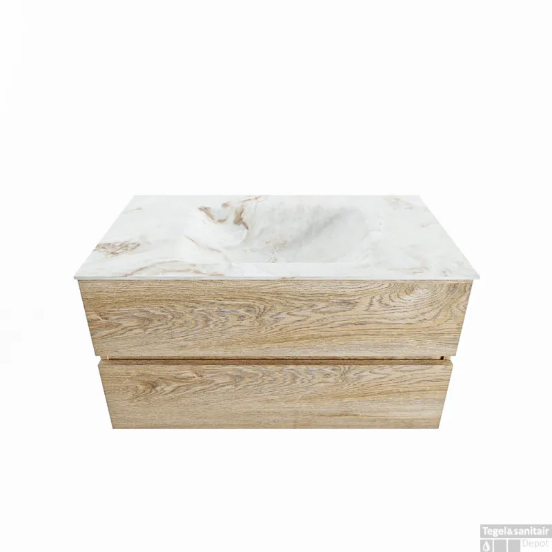 Weekendaanbieding MONDIAZ VICA-DLUX 90cm badmeubel onderkast Washed Oak 2 lades. Inbouw wastafel CLOUD midden 1 kraangat, kleur Frappe.