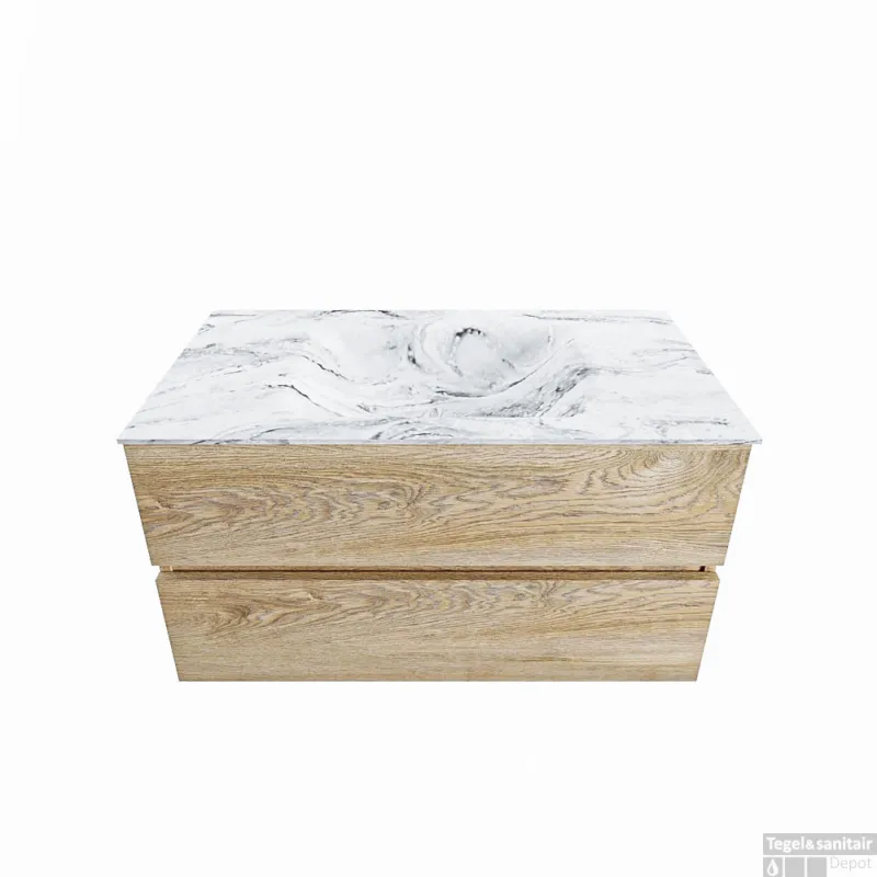 Speciale Aanbieding MONDIAZ VICA-DLUX 90cm badmeubel onderkast Washed Oak 2 lades. Inbouw wastafel CLOUD midden zonder kraangat, kleur Glace.