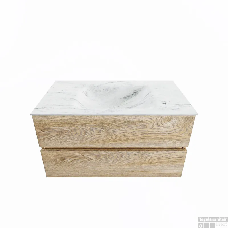 MONDIAZ VICA-DLUX 90cm badmeubel onderkast Washed Oak 2 lades. Inbouw wastafel CLOUD midden 1 kraangat, kleur Opalo. Aanbieding