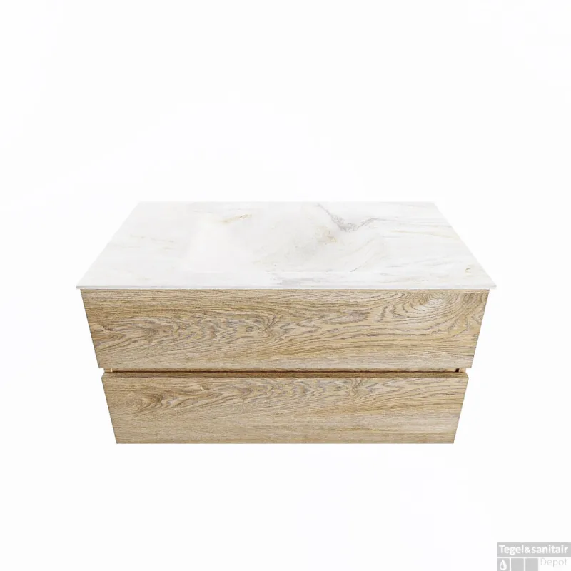 Veilige Betaling MONDIAZ VICA-DLUX 90cm badmeubel onderkast Washed Oak 2 lades. Inbouw wastafel CLOUD midden zonder kraangat, kleur Ostra.