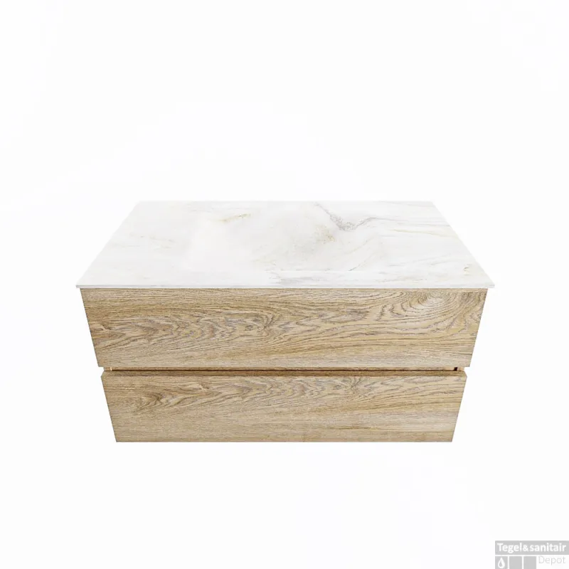 MONDIAZ VICA-DLUX 90cm badmeubel onderkast Washed Oak 2 lades. Inbouw wastafel CLOUD midden 1 kraangat, kleur Ostra. Gereduceerde Prijs