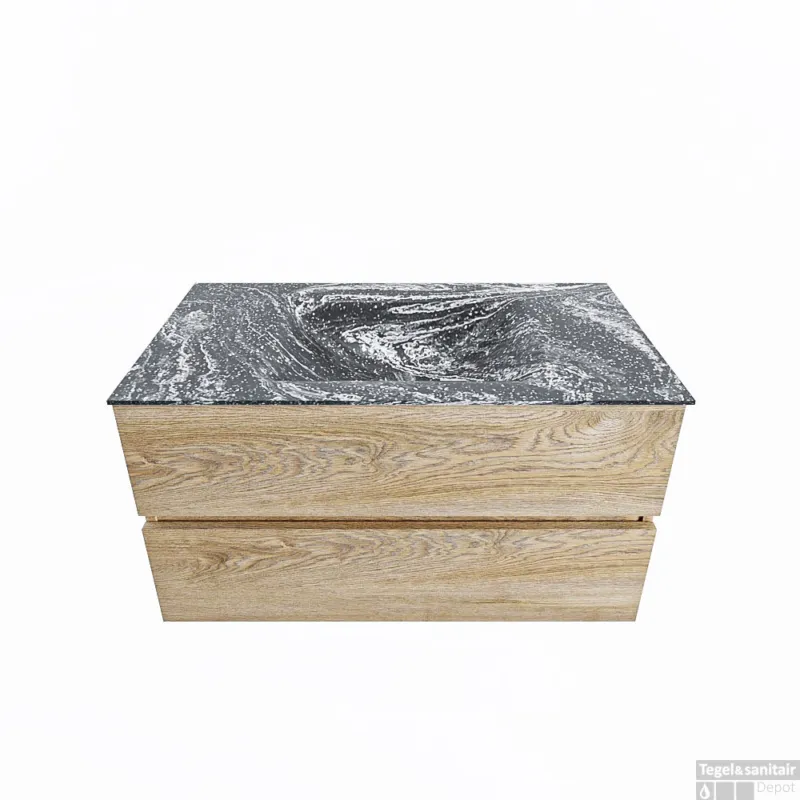 Fabrieksprijs MONDIAZ VICA-DLUX 90cm badmeubel onderkast Washed Oak 2 lades. Inbouw wastafel CLOUD midden zonder kraangat, kleur Lava.