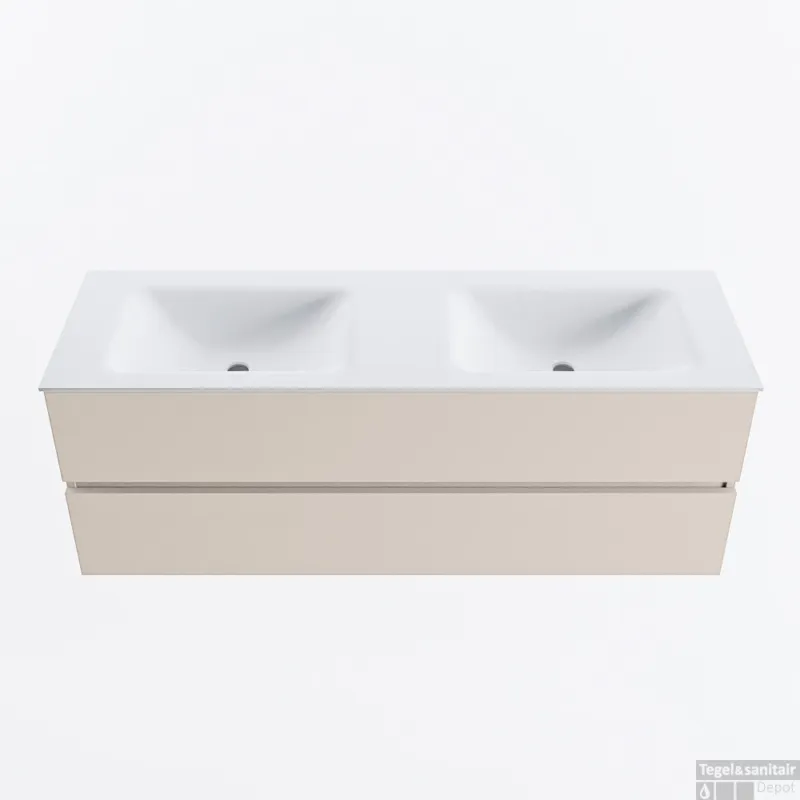 MONDIAZ VICA 140cm badmeubel onderkast Linen 2 lades. Wastafel CLOUD dubbel 2 kraangaten, kleur Talc. Weekendaanbieding