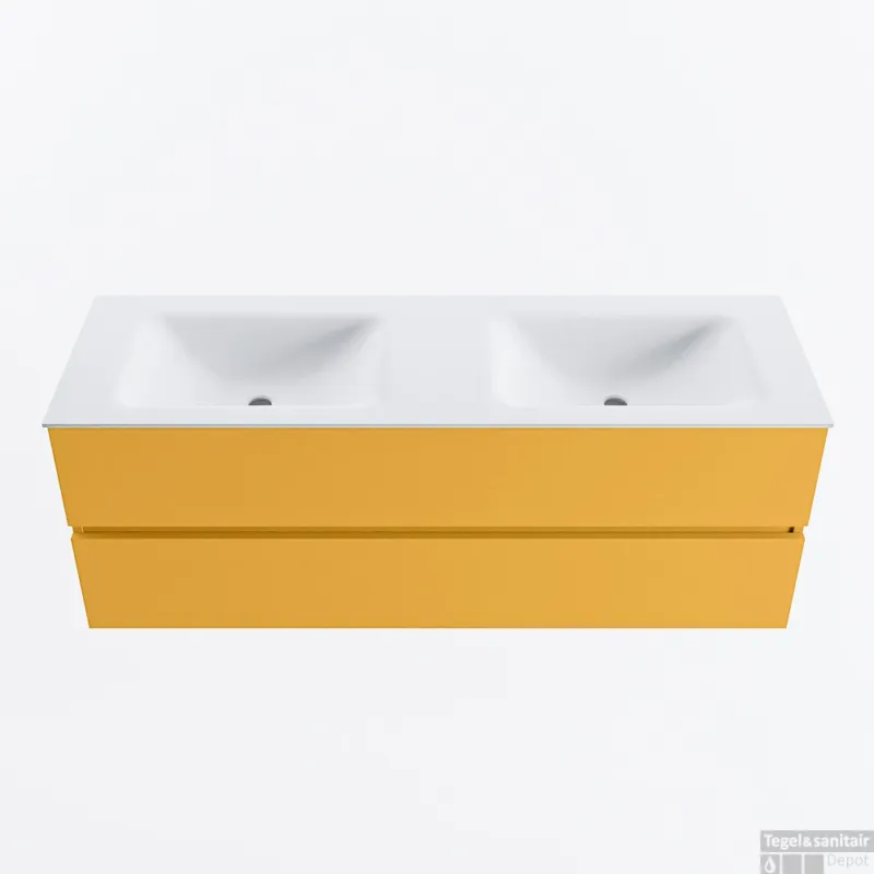 Nu Kopen MONDIAZ VICA 140cm badmeubel onderkast Ocher 2 lades. Wastafel CLOUD dubbel 2 kraangaten, kleur Talc.