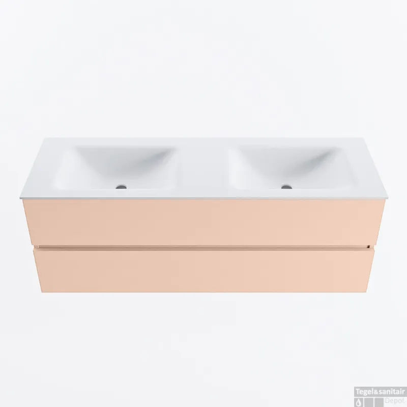 MONDIAZ VICA 140cm badmeubel onderkast Rosee 2 lades. Wastafel CLOUD dubbel 2 kraangaten, kleur Talc. Exclusieve Aanbieding