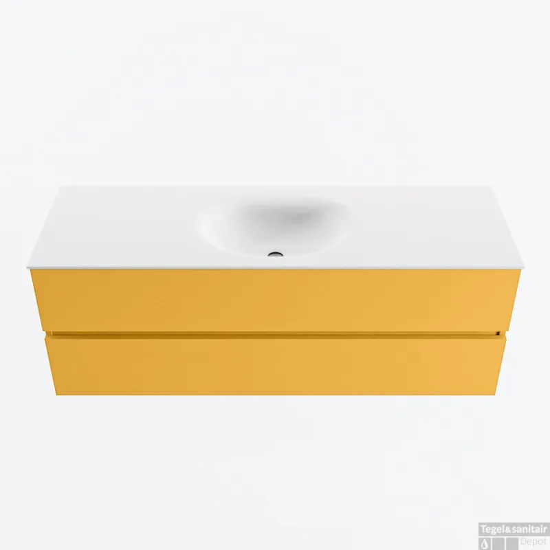 Speciale Aanbieding MONDIAZ VICA 140cm badmeubel onderkast Ocher 2 lades. Wastafel MOON midden zonder kraangat, kleur Talc.