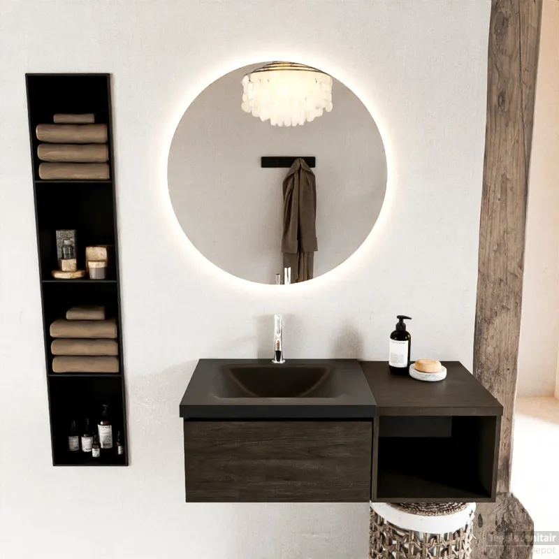 Actieprijs MONDIAZ BUKLA 100cm badmeubel met open module 40 kleur Dark Brown met 1 lade. Wastafel CLOUD links 1 kraangat kleur Urban.