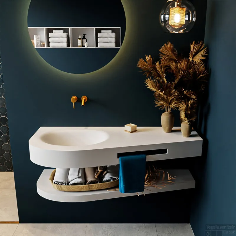 MONDIAZ RIVA 120cm Wastafel met planchet kleur Talc. Wastafel DULCET links 0 kraangaten kleur Talc. Shop Nu