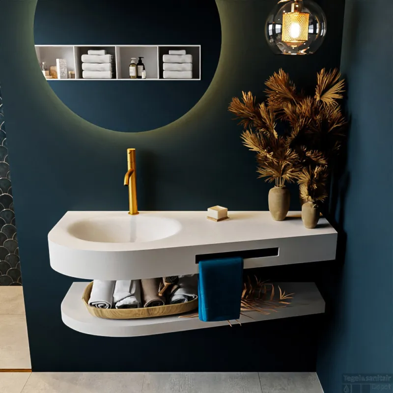 MONDIAZ RIVA 120cm Wastafel met planchet kleur Talc. Wastafel DULCET links 1 kraangaten kleur Talc. Hoge Kwaliteit