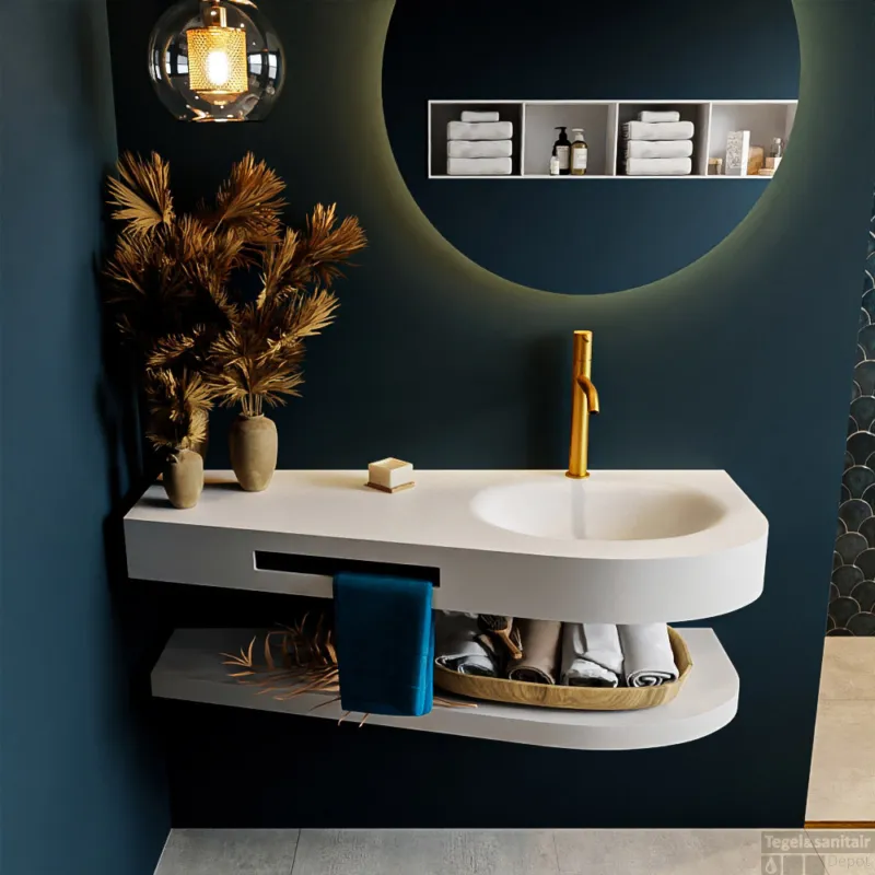 MONDIAZ RIVA 120cm Wastafel met planchet kleur Talc. Wastafel DULCET rechts 1 kraangaten kleur Talc. Express Levering
