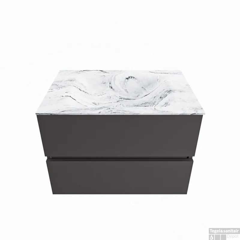 MONDIAZ VICA-DLUX 70cm badmeubel onderkast Dark grey 2 lades. Inbouw wastafel CLOUD midden zonder kraangat, kleur Glace. Gecertificeerd