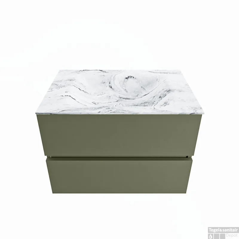 Tijdelijk Beschikbaar MONDIAZ VICA-DLUX 70cm badmeubel onderkast Army 2 lades. Inbouw wastafel CLOUD midden zonder kraangat, kleur Glace.