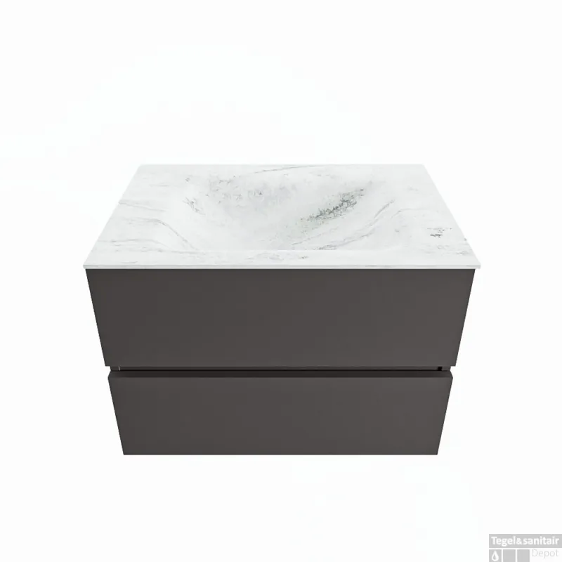 MONDIAZ VICA-DLUX 70cm badmeubel onderkast Dark grey 2 lades. Inbouw wastafel CLOUD midden zonder kraangat, kleur Opalo. Exclusieve Aanbieding