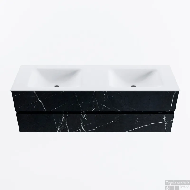 Snelle Levering MONDIAZ VICA 150cm badmeubel onderkast Marquina 4 lades. Wastafel CLOUD dubbel zonder kraangat, kleur Talc.
