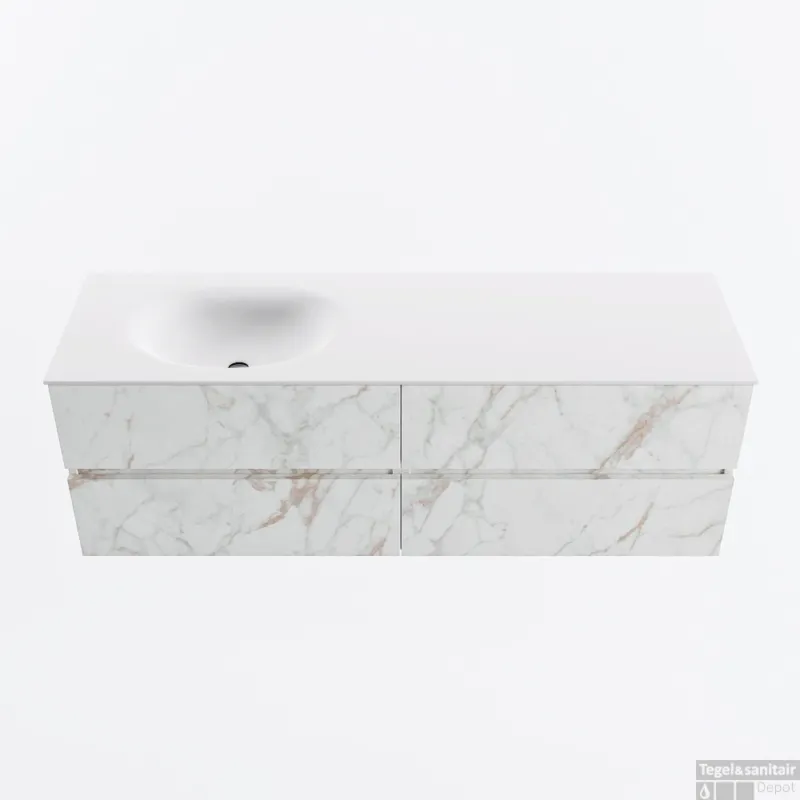 MONDIAZ VICA 150cm badmeubel onderkast Carrara 4 lades. Wastafel MOON links 1 kraangat, kleur Talc. Beste Prijs