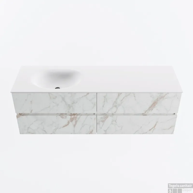 MONDIAZ VICA 150cm badmeubel onderkast Carrara 4 lades. Wastafel MOON links zonder kraangat, kleur Talc. Fabrieksprijs