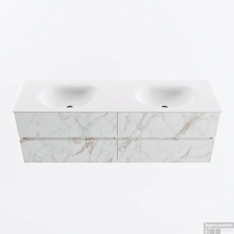 MONDIAZ VICA 150cm badmeubel onderkast Carrara 4 lades. Wastafel MOON dubbel zonder kraangat, kleur Talc. Betrouwbaar