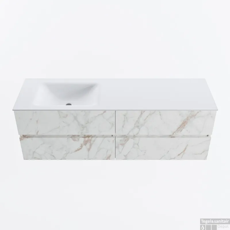 MONDIAZ VICA 150cm badmeubel onderkast Carrara 4 lades. Wastafel CLOUD links 1 kraangat, kleur Talc. Beste Prijs
