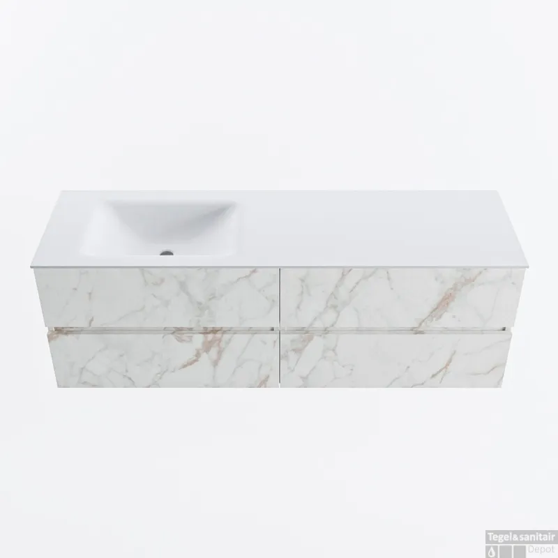 MONDIAZ VICA 150cm badmeubel onderkast Carrara 4 lades. Wastafel CLOUD links zonder kraangat, kleur Talc. Beperkt Aanbod