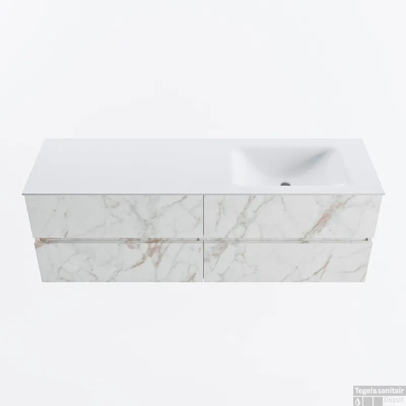 MONDIAZ VICA 150cm badmeubel onderkast Carrara 4 lades. Wastafel CLOUD rechts zonder kraangat, kleur Talc. Dagaanbieding