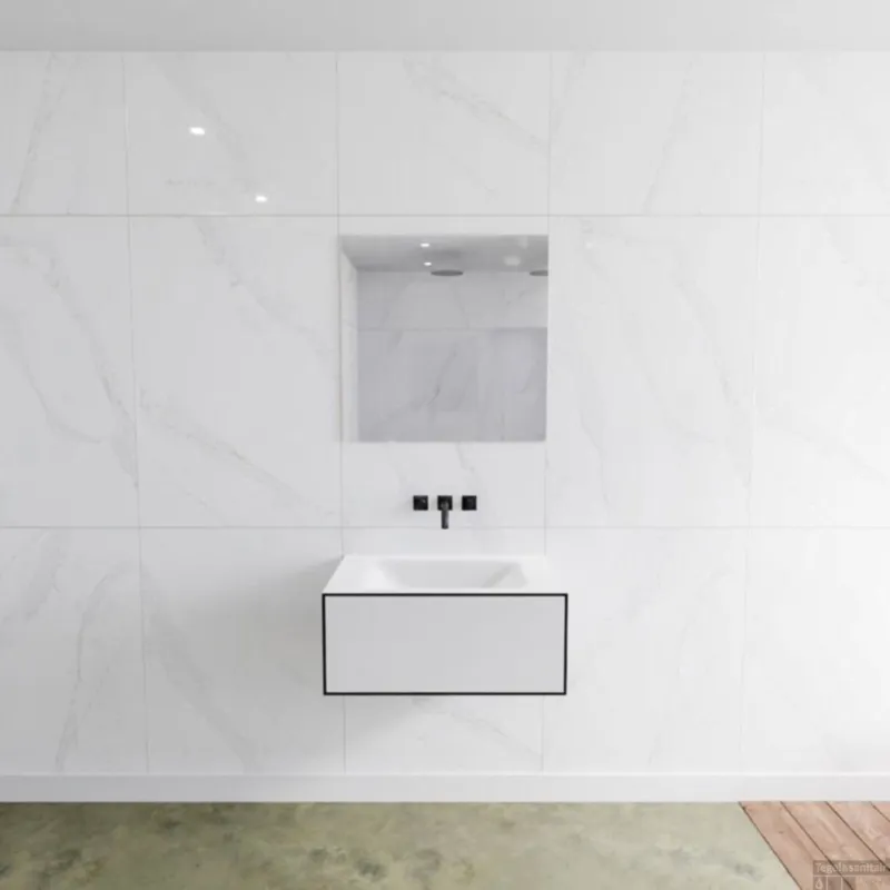 Nu Kopen Badkamermeubelset Mondiaz LAGOM 70 cm met Gecentreerde Wastafel Solid Surface Zonder Kraangaten Mat Wit (1 lade)
