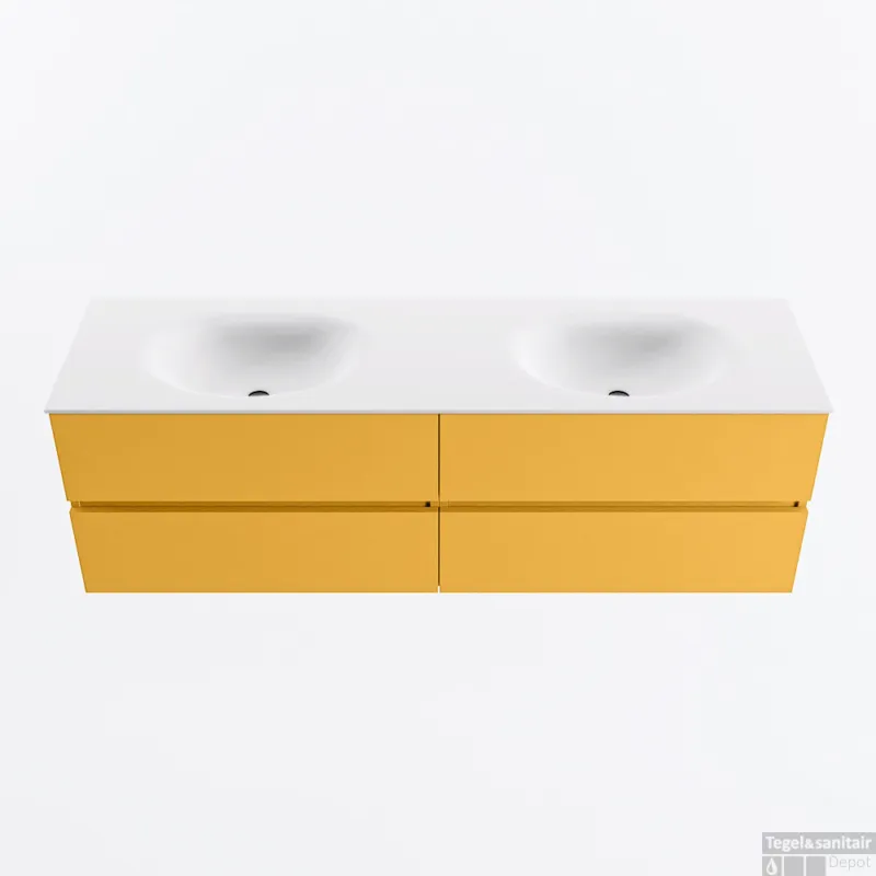 Must-Have MONDIAZ VICA 160cm badmeubel onderkast Ocher 4 lades. Wastafel MOON dubbel 2 kraangaten, kleur Talc.
