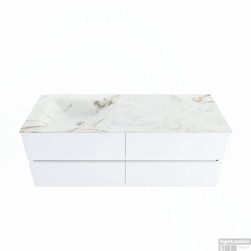 MONDIAZ VICA-DLUX 130cm badmeubel onderkast Talc 4 lades. Inbouw wastafel CLOUD links zonder kraangat, kleur Frappe. Direct Beschikbaar