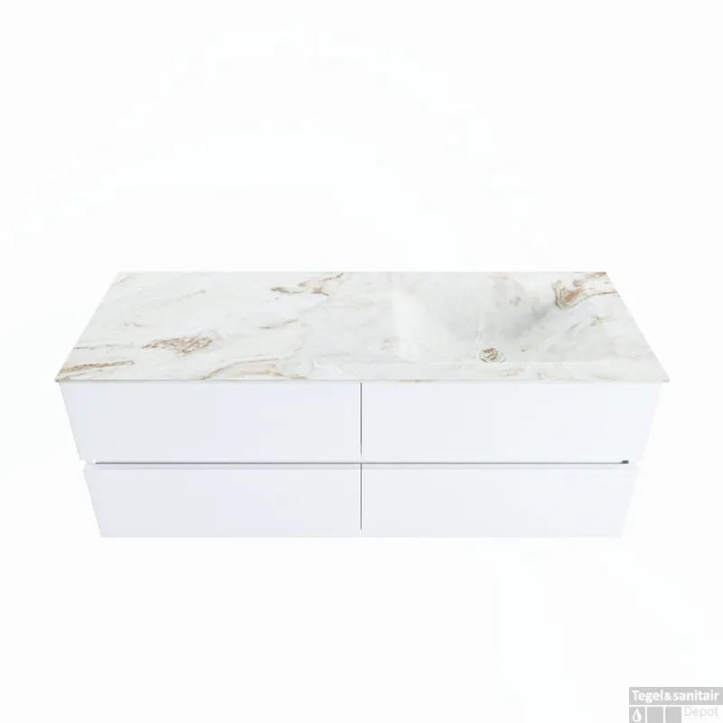 Uitverkoop MONDIAZ VICA-DLUX 130cm badmeubel onderkast Talc 4 lades. Inbouw wastafel CLOUD rechts zonder kraangat, kleur Frappe.