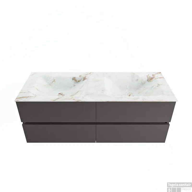 Premium MONDIAZ VICA-DLUX 130cm badmeubel onderkast Dark grey 4 lades. Inbouw wastafel CLOUD dubbel zonder kraangat, kleur Frappe.