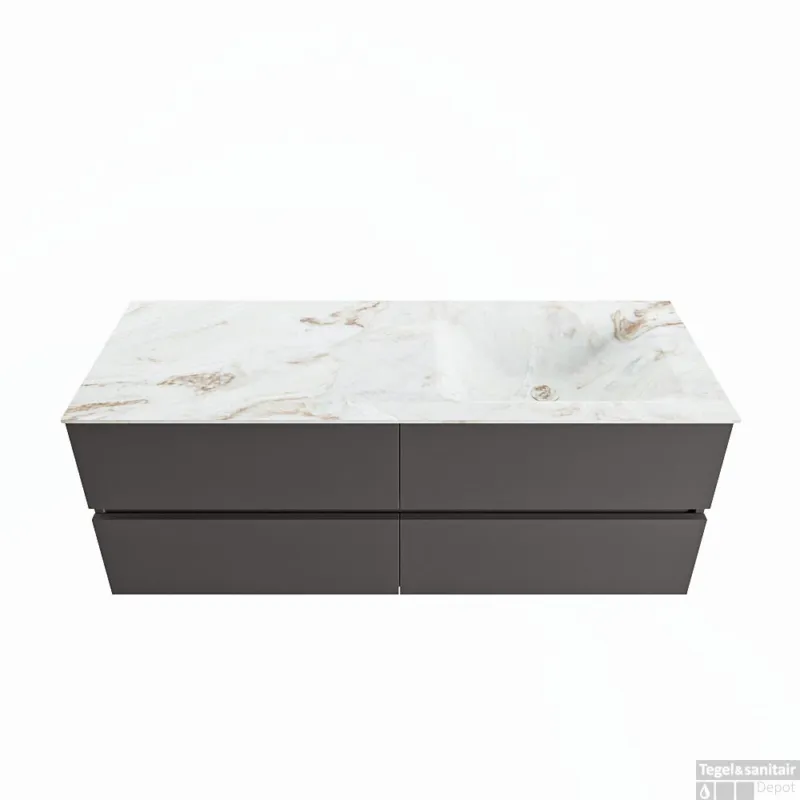 Premium MONDIAZ VICA-DLUX 130cm badmeubel onderkast Dark grey 4 lades. Inbouw wastafel CLOUD rechts 1 kraangat, kleur Frappe.