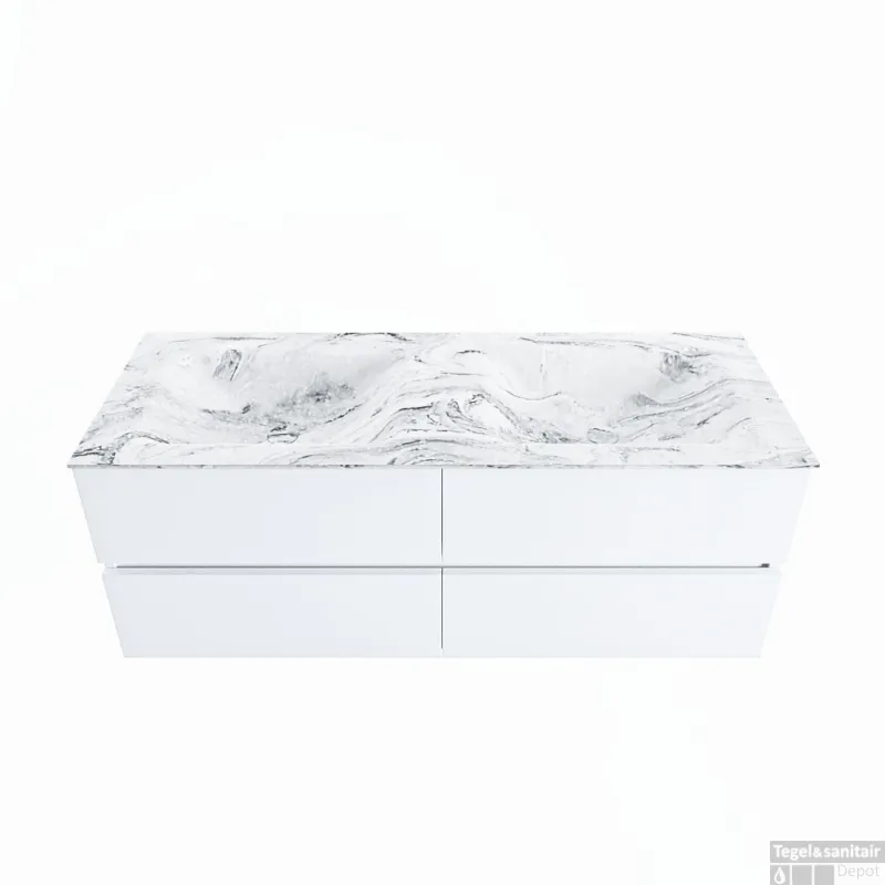 MONDIAZ VICA-DLUX 130cm badmeubel onderkast Talc 4 lades. Inbouw wastafel CLOUD dubbel zonder kraangat, kleur Glace. Alleen Vandaag