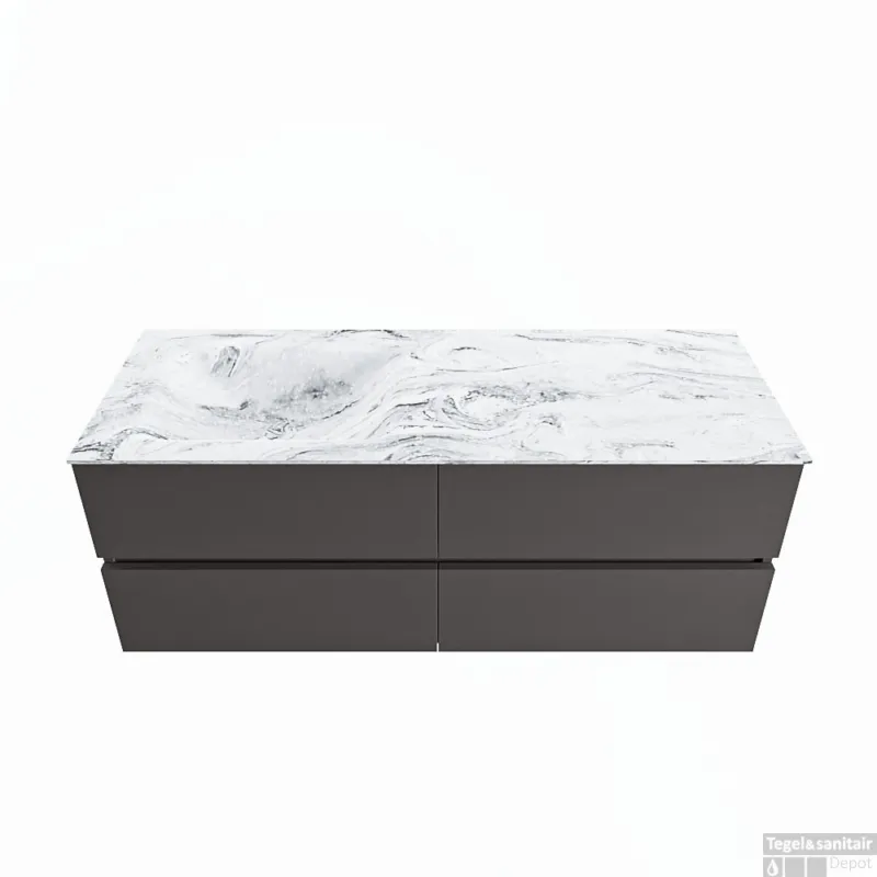 MONDIAZ VICA-DLUX 130cm badmeubel onderkast Dark grey 4 lades. Inbouw wastafel CLOUD links zonder kraangat, kleur Glace. Beperkte Voorraad