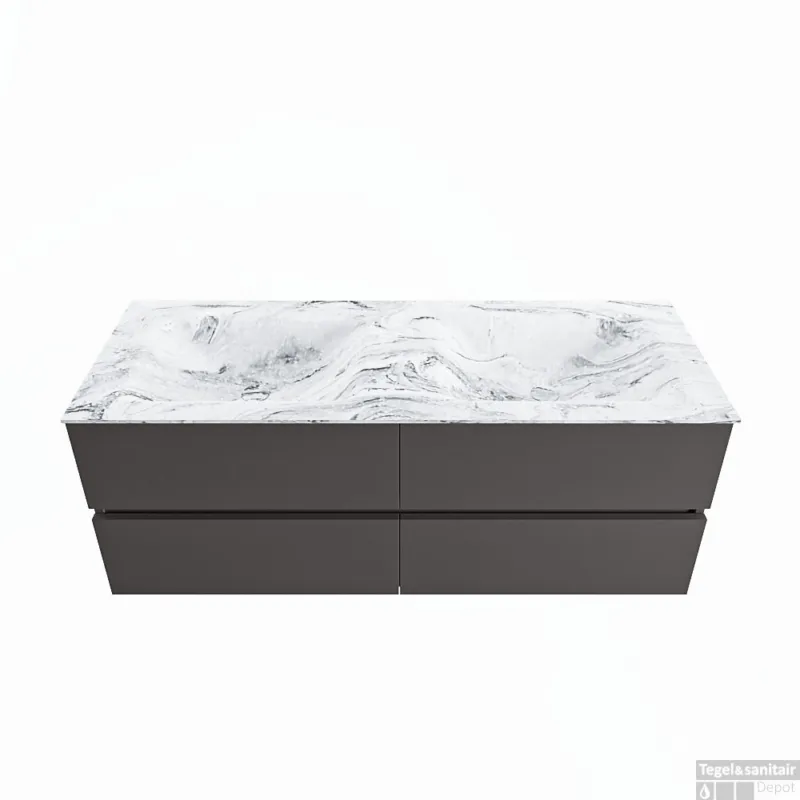 Populair MONDIAZ VICA-DLUX 130cm badmeubel onderkast Dark grey 4 lades. Inbouw wastafel CLOUD dubbel zonder kraangat, kleur Glace.
