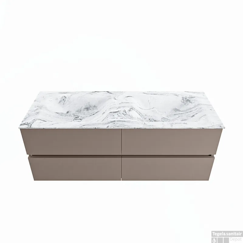 Weekendaanbieding MONDIAZ VICA-DLUX 130cm badmeubel onderkast Smoke 4 lades. Inbouw wastafel CLOUD dubbel zonder kraangat, kleur Glace.