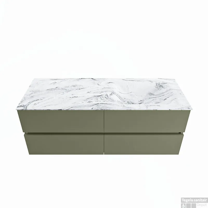 Aanbieding MONDIAZ VICA-DLUX 130cm badmeubel onderkast Army 4 lades. Inbouw wastafel CLOUD rechts zonder kraangat, kleur Glace.