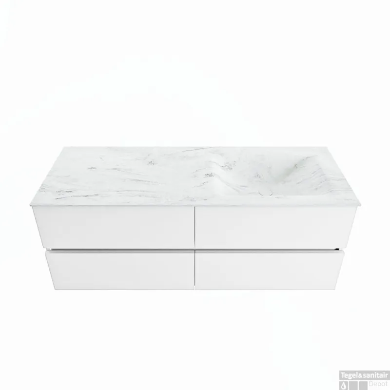 Voordeelprijs MONDIAZ VICA-DLUX 130cm badmeubel onderkast Talc 4 lades. Inbouw wastafel CLOUD rechts zonder kraangat, kleur Opalo.